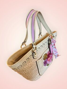 Coach Cream Woven Leather Shoulder Bag with Pink Floral Appliqué